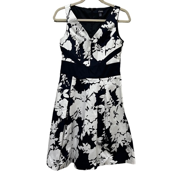 Chaps 4 Navy Blue White Floral Fit & Flare Cocktail Dress Lined O - Picture 1 of 4